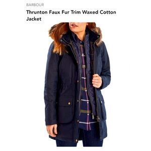 Barbour Navy Faux Fur Trim Waxed Cotton Jacket